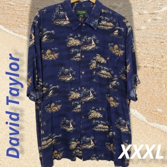 David Taylor Hawaiian Shirt XXXLT Recycled Rayon Fabric Navy VGUC - Picture 1 of 12